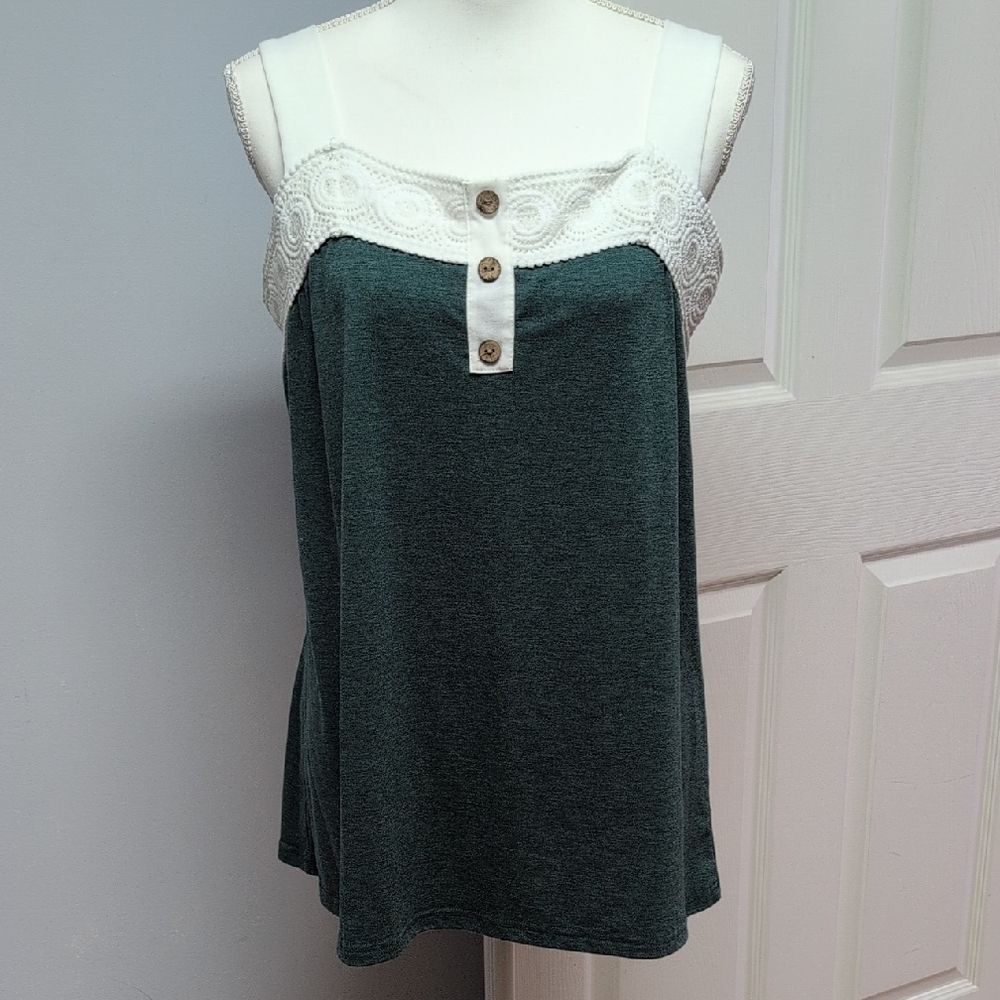 Heathered Green White Crochet Trim Wide Strap Elastic Fit Back Top Size XXL
